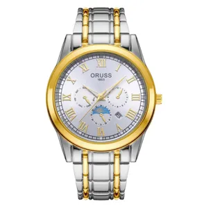Men's two-tone stainless steel quartz watch with Roman numerals and multi-functional sub-dials.