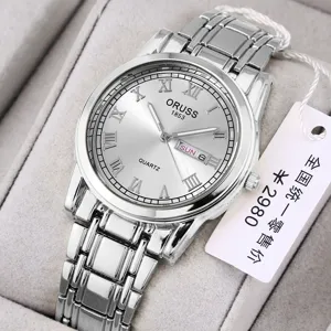 Silver stainless steel quartz men's watch with Roman numerals and calendar display.