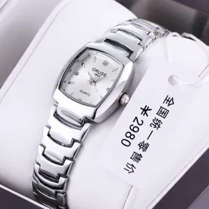 Women quartz watch with silver stainless steel strap tonneau case white dial stylish daily wear