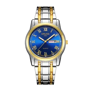 Men's two-tone quartz watch with blue dial, Roman numerals, stainless steel strap, and day-date.