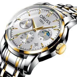 Luxe heren quartz horloge met tweekleurige roestvrijstalen band en functionele witte wijzerplaat.
