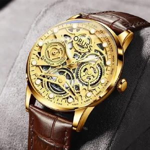 Fashion Analog Men Watch Flat Top Conical Crown Full Skeleton Luminous Waterproof Calendar Business Round Quartz Pointer Dress Watch For Men