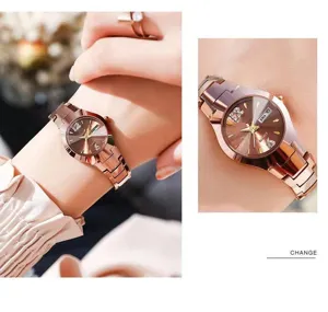 Elegant women quartz watch with tungsten steel color metal strap and calendar display.