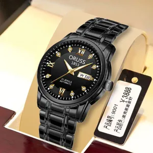 Men's automatic mechanical watch with black dial, gold Roman numerals, and luxury metal strap.