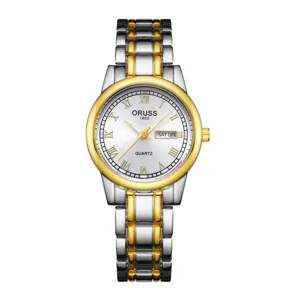 Élégante montre quartz pour femme bicolore avec cadran blanc et double affichage de date.