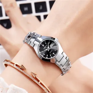 Women steel quartz watch with black dial elegant metal strap business casual wrist watch