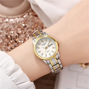 Two-tone stainless steel quartz watch for women with white dial and date display.