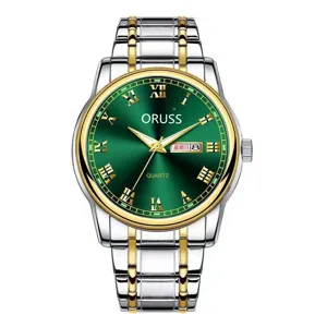 Men's quartz watch featuring a striking green dial, Roman numerals, and two-tone stainless steel strap.