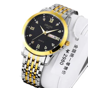 Men's two-tone quartz watch business dress wristwatch with black dial and calendar display