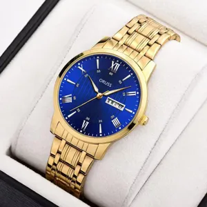 Orologio uomo al quarzo oro di lusso con quadrante blu, numeri romani e cinturino in acciaio.
