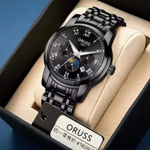 Reloj automático negro para hombre con números romanos, correa de acero y práctica fecha visible.