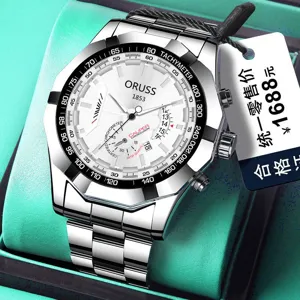 Montre quartz homme de luxe avec bracelet en acier inoxydable, cadran chronographe.