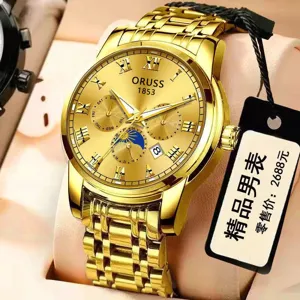 Reloj automático de lujo para hombre dorado con números romanos y pulsera de acero.
