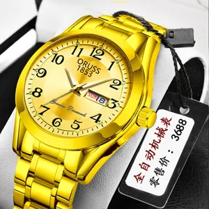 Orologio da uomo al quarzo in acciaio inossidabile dorato con numeri arabi e data.