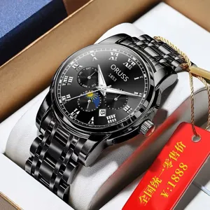 Reloj mecánico automático negro para hombre con correa de acero y función de calendario.