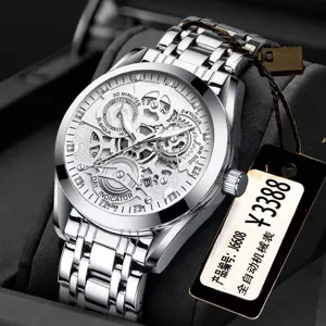 Herren Automatik mechanische Uhr silbernes Stahlarmband Skelett Zifferblatt Luxusuhren