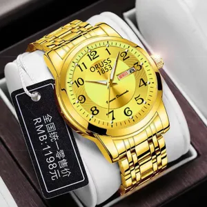 Orologio uomo al quarzo dorato con grande quadrante numerico lancette e cinturino in acciaio.