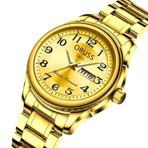 Orologio da uomo al quarzo in oro con grande quadrante numerico e cinturino in acciaio inox.