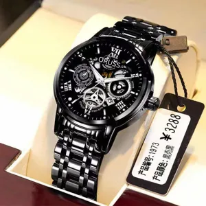 ORUSS Orologio Automatico Uomo Acciaio Inossidabile Nero Luminoso Impermeabile