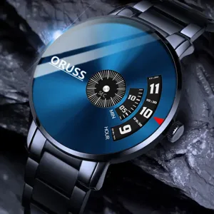 Men's stainless steel quartz watch with stylish blue dial and unique rotating time display.