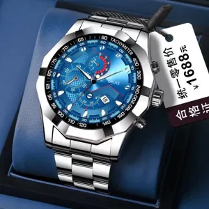 Reloj de pulsera para hombre de acero con esfera azul cronógrafo y bisel taquímetro.