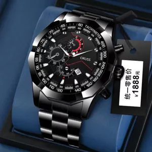 Elegante reloj cronógrafo para hombre de acero inoxidable negro con taquímetro y fecha.