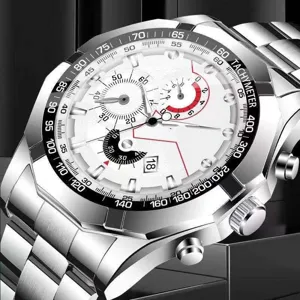 Reloj cronógrafo para hombre de acero inoxidable con esfera blanca grande y tacómetro.