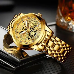 Goldene skelettierte Quarz Herrenuhr wasserdichte leuchtende Chronograph Luxus Armbanduhr