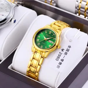 Vintage green dial gold tone quartz watch for women with metal chain strap and gift box.
