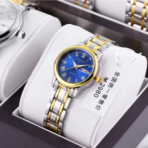 Elegant two-tone women quartz watch with blue dial, roman numerals and stylish strap.