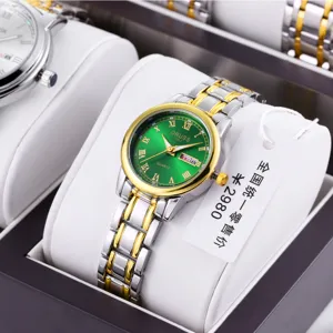 Elegant women's quartz watch with green dial and dual-tone stainless steel strap for daily wear.