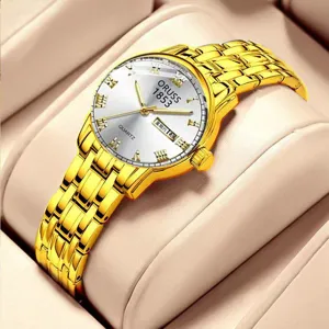 Detail view of the elegant golden quartz watch featuring a clean white dial and refined metal strap.