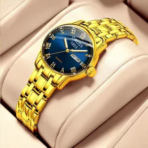 Elegant women's gold quartz watch featuring a chic blue round dial and luxury chain strap.