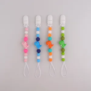 Cute Dinosaur Food Grade Silicone Beads Baby Pacifier Clip Anti-Drop Chain Soft Toy Holder Dummy Strap For Infants Toddlers Daily Use