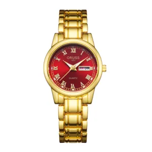 Women gold quartz watch with red dial roman numerals elegant chain strap fashion timepiece