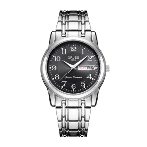 Detailed view of luxury men quartz watch with silver metal strap and dark dial display.
