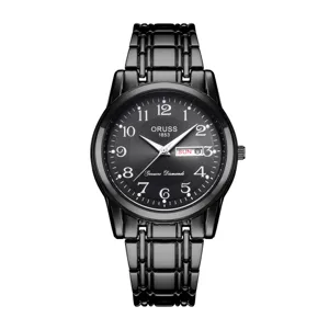 Detailed view of the black men quartz watch dial featuring clear numerals and calendar window.