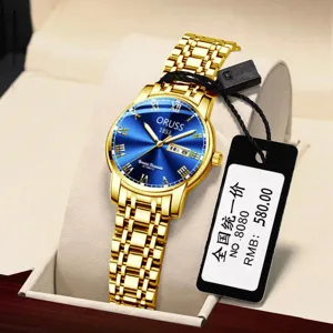 ORUSS reloj de pulsera mujer dorado cuarzo con esfera azul elegante y correa de acero