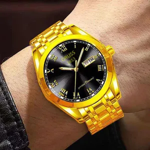 Reloj de cuarzo dorado de lujo para hombre con esfera negra, números romanos y pulsera.