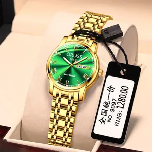 Gold quartz women watch with green dial Roman numerals stainless steel strap elegant gift