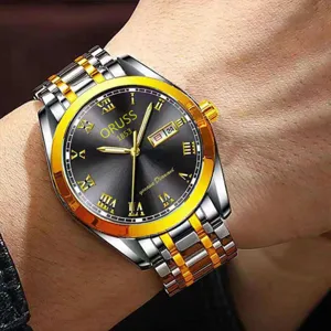 Reloj de cuarzo para hombre bicolor de acero inoxidable con esfera negra y fechador.
