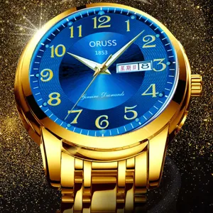 Luxury men gold watch blue dial quartz calendar waterproof business casual wristwatch formal