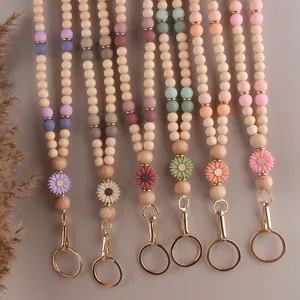 Handgemachte Holz- und Silikonperlen-Lanyard mit süßen Gänseblümchen für Schlüssel und Ausweise.