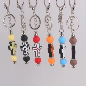 Porte-clés Minimaliste en Silicone Perles Croix Strass Fermoir Mousqueton Bijou de Sac Tendance pour Femme Homme Cadeau