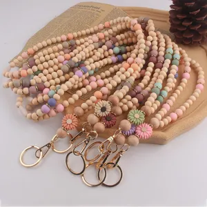 Handgemachtes Holzperlen Silikon Gänseblümchen Schlüsselband Schlüsselanhänger Ausweis Kartenhalter Dekoratives Halsband Haken