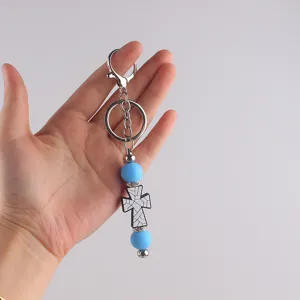 Porte-clés croix en perles de silicone avec mousqueton métal strass pour sacs clés