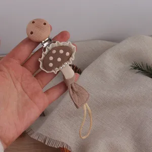 Wooden clip fabric mushroom baby pacifier chain teething toy safe anti-drop strap for infants
