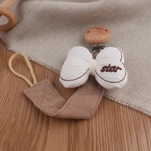Baby pacifier clip with star bow and wooden teething ring, soft fabric baby soothing toy.