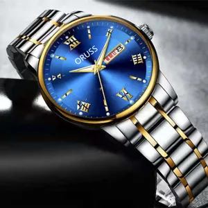 Detailansicht der luxuriösen Herren-Business-Uhr mit blauem Zifferblatt und Edelstahlarmband.