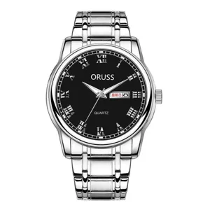 Detailed view of men's quartz watch featuring a sleek black dial, Roman numerals, and metallic strap.